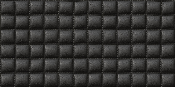 Seamless luxury black leather padded upholstery background texture. Tileable closeup of elegant stiched and quilted vinyl squares pattern, ideal for sofa, headboard or backdrop. 3D rendering..