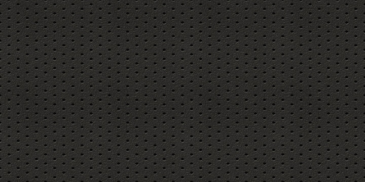 Seamless perforated black leather background texture. Tileable trendy elegant dark grey leatherette with pierced holes. Luxury steering wheel or auto seat upholstery material pattern. 3D rendering..