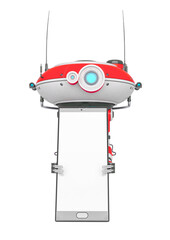 floating robot is holding a smart mobile cellphone with white space for advertising