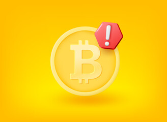 Golden bitcoin coin with exclamation point. Vector 3d illustration