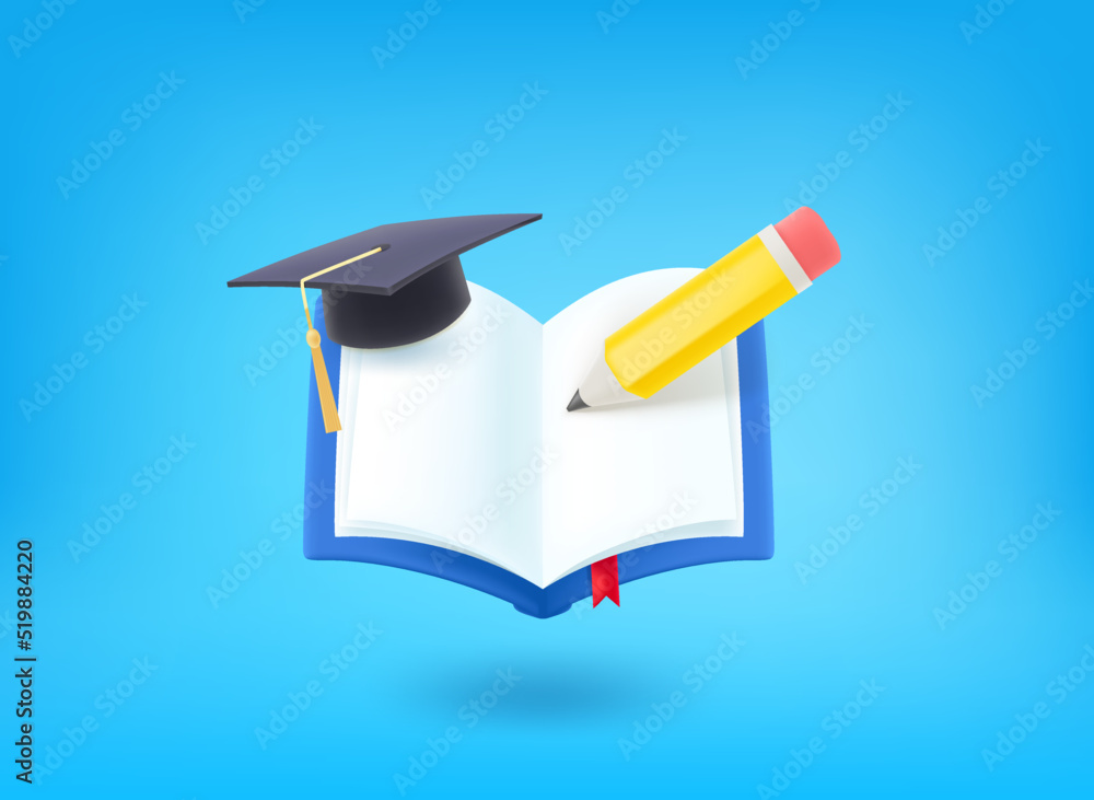 Wall mural Book with pencil and graduteion cap. Learning concept. 3d vector illustration - Wall murals