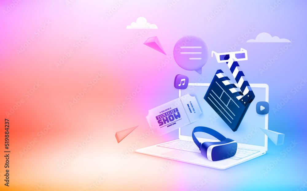 Aufkleber Using notebook for watching movies via internet. 3d vector vertical banner with copy space