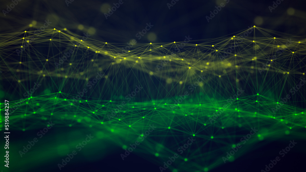 Poster abstract dark background with moving lines and dots. data transmission. visualization of the connect