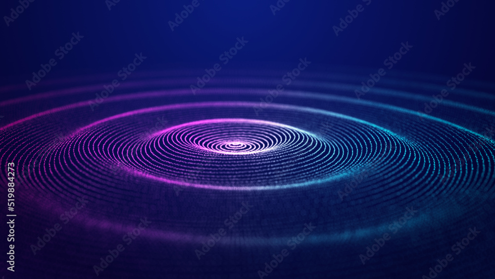 Poster futuristic dark background. the ripple effect of a web of blue and pink dots. big data. illustration
