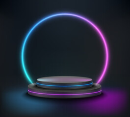 Illuminated circle podium with vivid neon lighting. Vector illustration