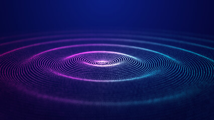 Futuristic dark background. The ripple effect of a web of blue and pink dots. Big data. Illustration of technologies and artificial intelligence. The effect of particle oscillation. 3D rendering.