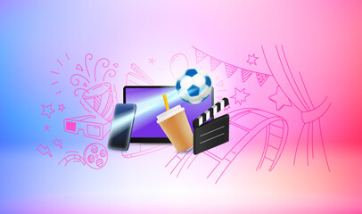 Video entertainment concept. Vector 3d banner with doodling