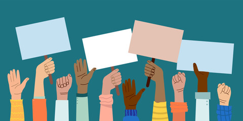 A crowd of people of different nationalities and at a protest. Hands holding empty template of placards and banners. Street demonstration and standing up for their rights. flat vector