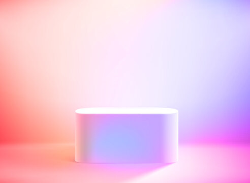 Bright tudio with neon glow and podium. Vector 3d illustration
