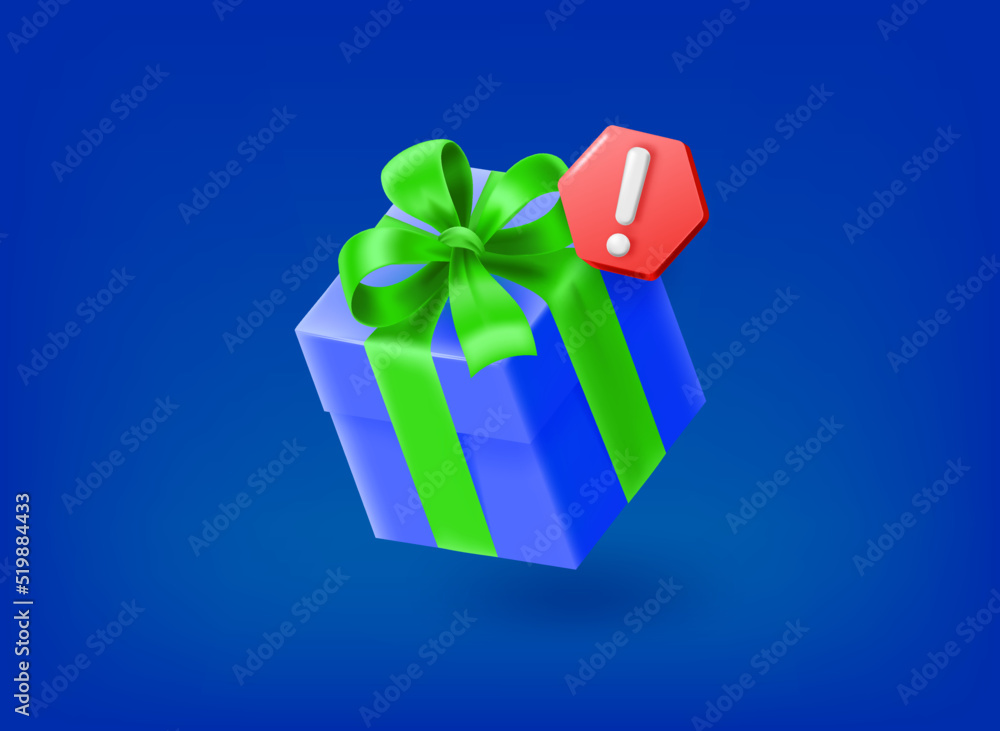 Poster present box icon with exclamation point pictogram. vector 3d illustration