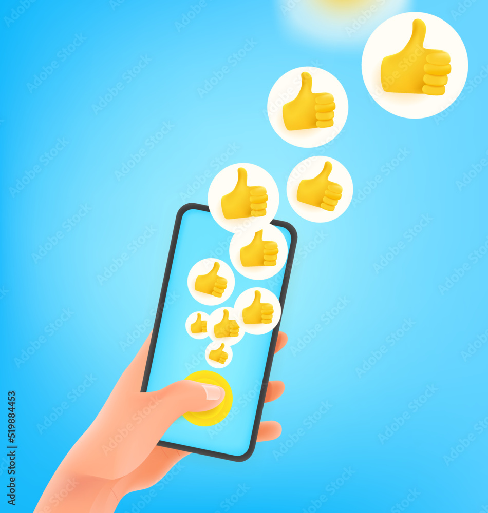 Poster Man pressing button on smartphone. Using social media