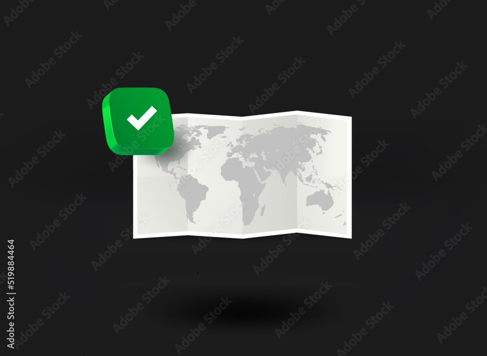 Aufkleber Paper world map with checkmark icon. 3d vector illustration