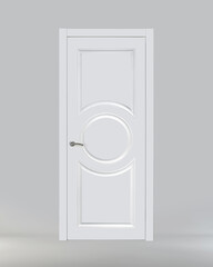 White classic interior door with a circle on a gray background. Front view. Ral 9010