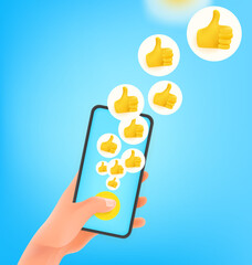 Man pressing button on smartphone. Using social media