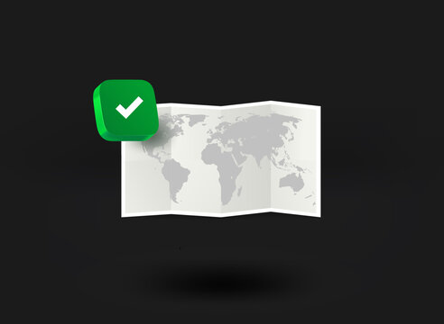 Paper world map with checkmark icon. 3d vector illustration