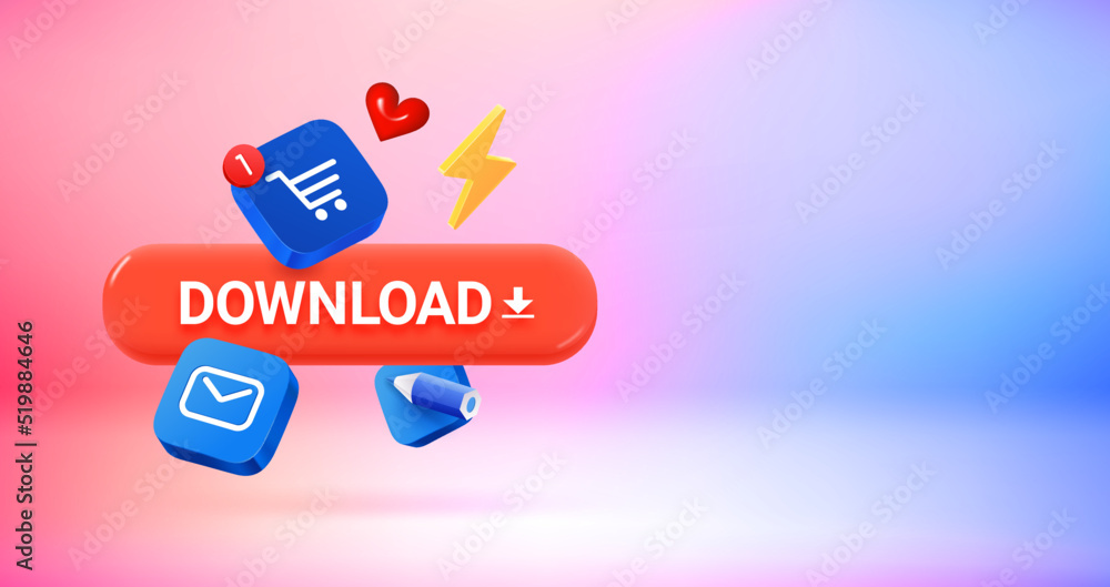 Poster download new applications concept. vector 3d banner with copy space