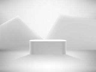 Bright room with white podium. Realistic 3d showcase