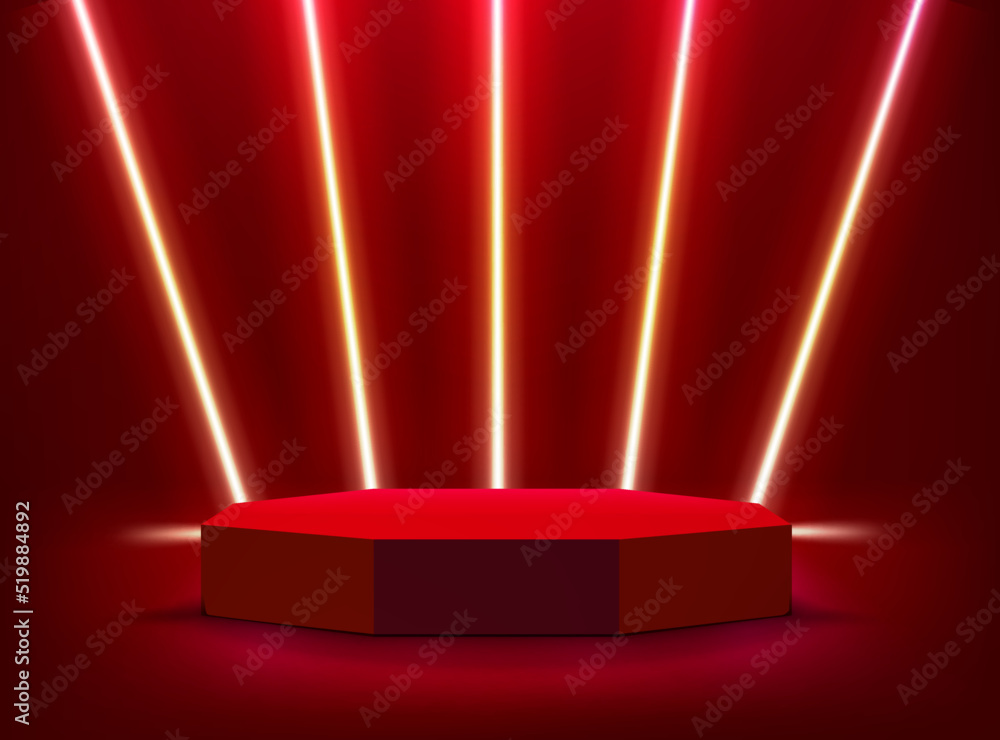 Sticker illuminated interior with red neon lights and podium. 3d vector