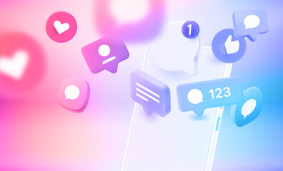 Flying social media notification and icons with cellphone. 3d vector illustration