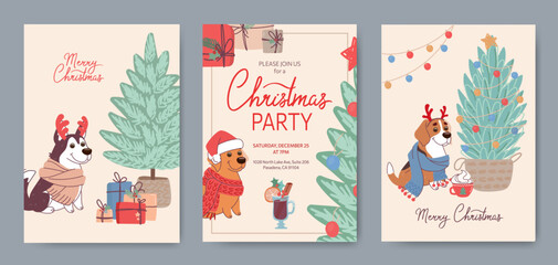 Fototapeta na wymiar Set of Christmas cards with cute dogs of different breeds. Vector greeting cards and party invitation in flat style. Husky, labrador and beagle cartoon characters in festive costumes. Lettering