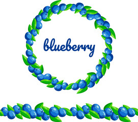 Insulated seamless brush and wreath of blueberries with green foliage. Text of blueberries. Vector illustration