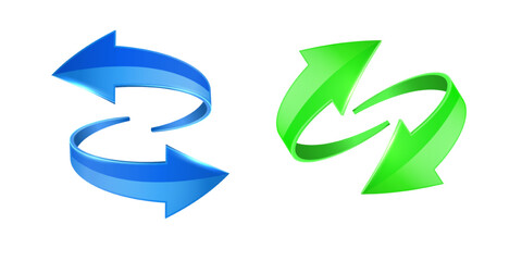 Green and blue 3D glossy arrows are moving towards. Realistic recycling symbol isolated on white background