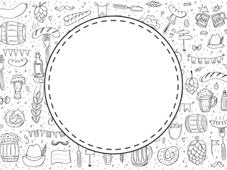 Oktoberfest 2022 - Beer Festival. Hand-drawn Doodle elements. German Traditional holiday. Round emblem with a pattern of outline elements.