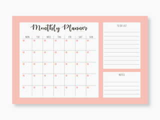 Monthly planning template. Blank monthly planner with notes in pastel colors. Simple stylish organizer design. Vector illustration