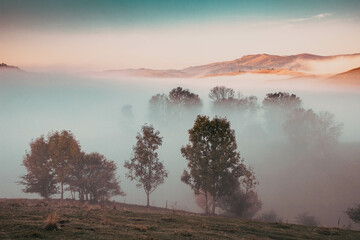 Fototapeta premium beautiful foggy autumn morning landscape in rural Transylvania