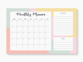 Monthly planning template. Blank monthly planner with notes in pastel colors. Simple stylish organizer design. Vector illustration