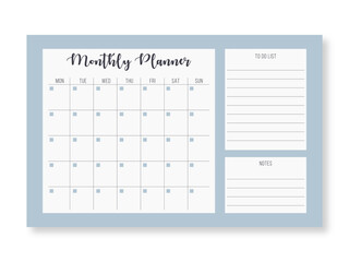 Monthly planning template. Blank monthly planner with notes in pastel colors. Simple stylish organizer design. Vector illustration