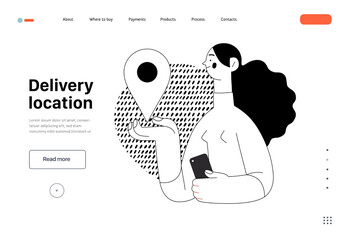 Delivery location -Online shopping and electronic commerce web template -modern flat vector concept illustration of young woman with location mark. Promotion, discounts, sale and online orders concept