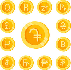 Dram, coin, money color icon in a collection with other items