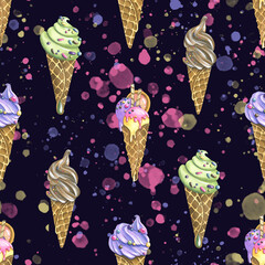 Waffle cones with ice cream with splashes of paint on a dark background. Watercolor illustration. Seamless pattern from a large set of ICE CREAM. For fabric, textiles, packaging paper, advertising.