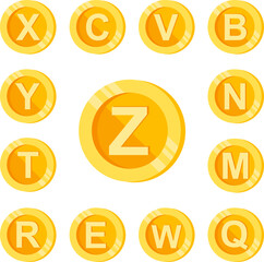 Z, letter, coin color icon in a collection with other items