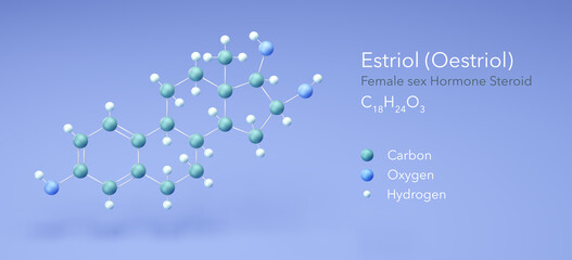 estriol, oestriol, Female sex Hormone Steroid. Molecular structure 3d rendering, Structural Chemical Formula and Atoms with Color Coding, 3d rendering