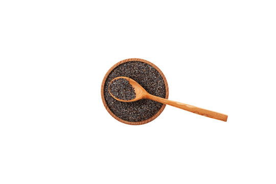 Blue poppy seeds in wooden bowl on white background, top view. Delicious Food ingredient, used in culinary. Design element