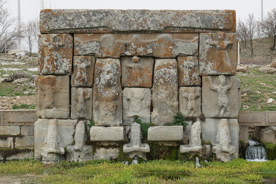 Eflatun Pinar ( Eflatunpinar) Ancient Hittite relief sculpture monument and sacred pool, and its Hittite relief scultures of Hittite gods