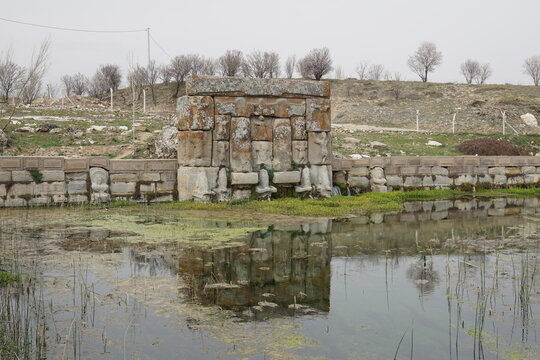 Eflatun Pinar ( Eflatunpinar) Ancient Hittite relief sculpture monument and sacred pool, and its Hittite relief scultures of Hittite gods