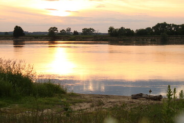 A dry tree is lying on the bank of the river, it is sunset.