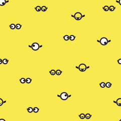Minions. Yellow seamless with minion pattern. Vector for packaging, clothing, T-shirts. Two eyes glasses or goggles. Cartoo, sight design, pop-eyed funny. Vector illustration