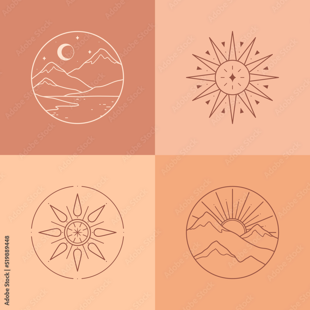 Wall mural set of vector linear boho emblems.bohemian logos with lake,sun and sunburst,snowcapped mountains and