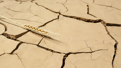 textured surface of soil erosion, single stalk of wheat, concept of drought and crop failure,...