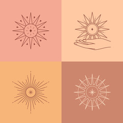 Bundle of vector bohemian logos,icons,symbols with moon,hand holding sun,star and sunburst.Boho linear symbols in trendy minimalist style.Modern celestial emblems.Branding design templates.