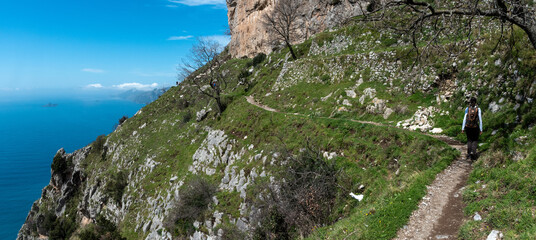 Hiking the famous path Sentiero degli Dei, the path of Gods at the Amalfi coast, Italy