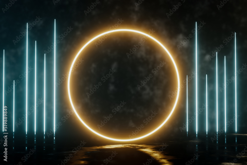 Poster 3d render abstract light blue and yellow neon background with copy space for text or message.