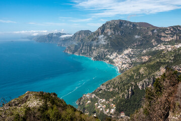 Fototapeta na wymiar Shoreline of the scenic Amalfi coast from the path of the Gods, Southern Italy