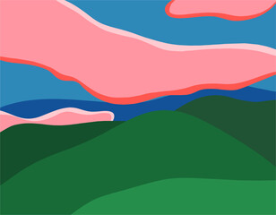 Abstract evening mountain landscape, pink sunset. Trendy flat background, green mountains and blue sky. Natural environment, hand drawn cartoon, nature vector illustration.