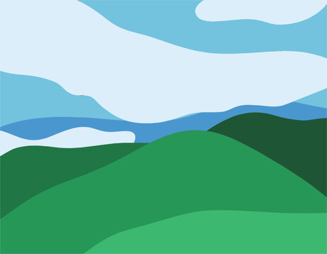 Abstract daytime mountain landscape. Trendy flat background, green mountains and blue sky. Natural environment, hand drawn cartoon, nature vector illustration.