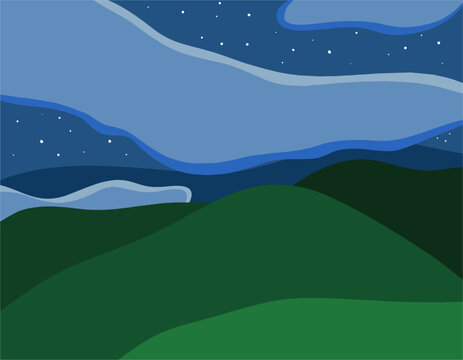 Abstract night mountain landscape, starry sky. Trendy flat background, green mountains and blue sky. Natural environment, hand drawn cartoon, nature vector illustration.